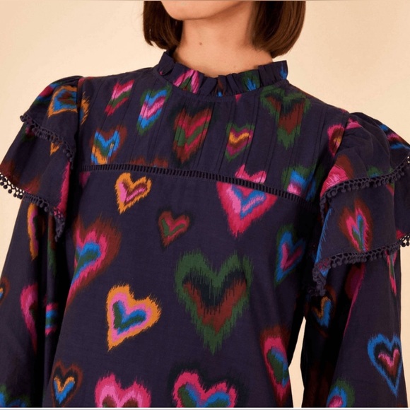 NWT Anthropologie FARM RIO Ruffled Mock Neck Navy Ikat Dyed Hearts Mini Dress XL - Picture 3 of 8
